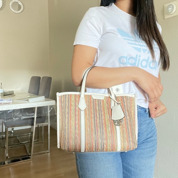 New✨tory burch perry raffia stripe triple compartment small tote - Picture 13 of 15